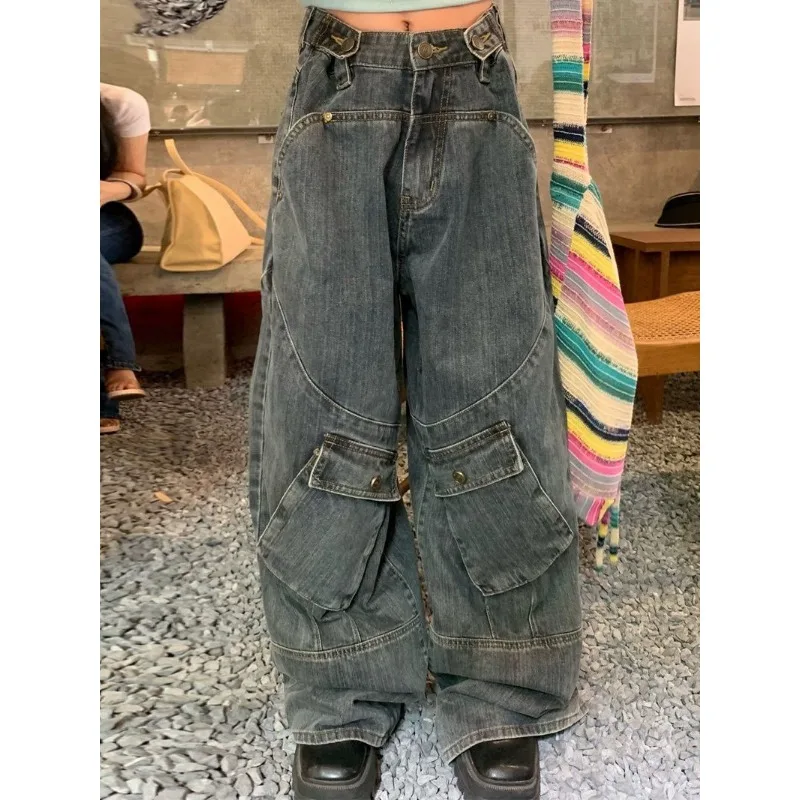 Top Trends: Large Size Retro Punk Style Large Pocket Tooling Jeans Women's Street Fashion Straight-leg Pants Y2k Loose Mopping Pants For Men Shoppable Styles