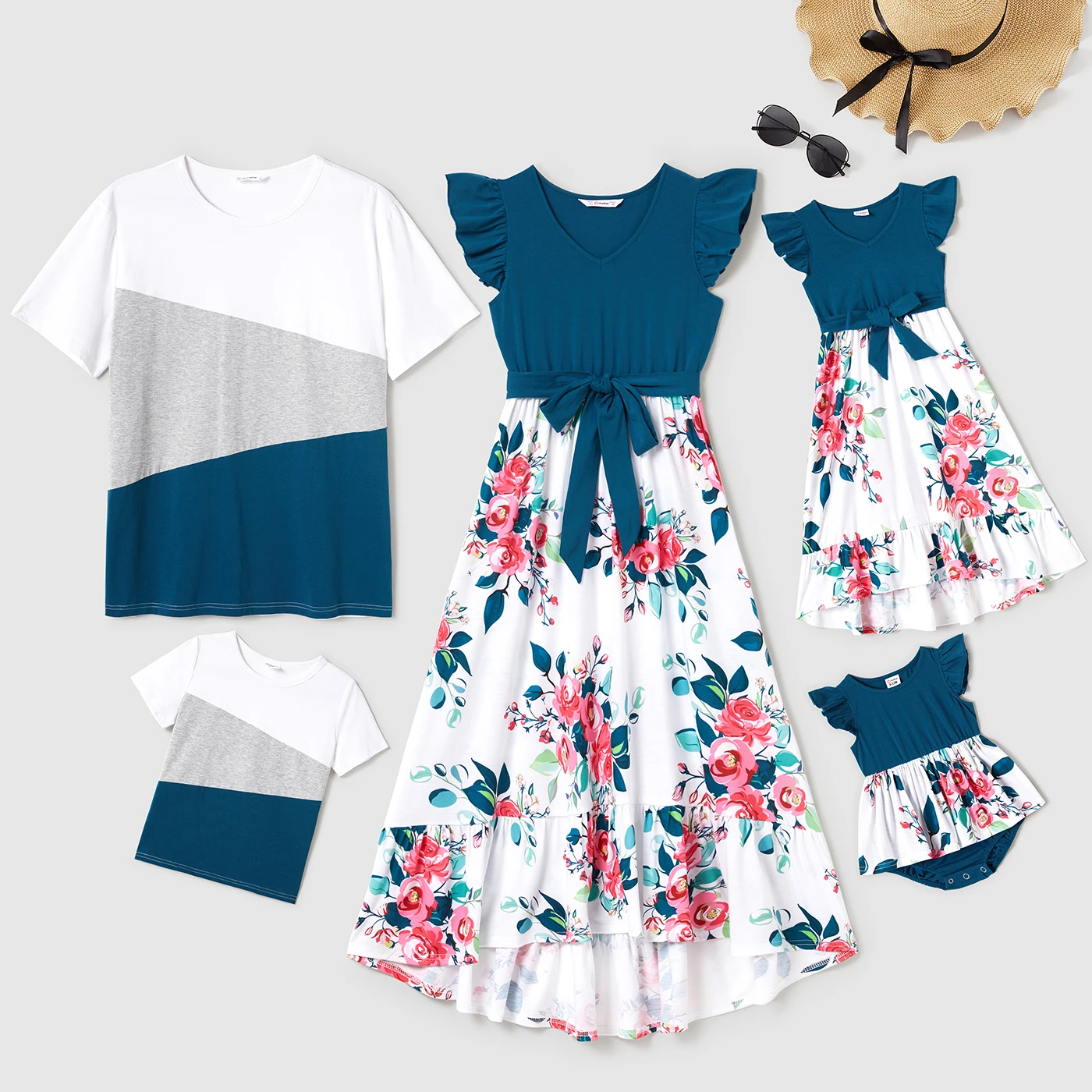 Top Trends: PatPat Family Matching Outfits Solid V Neck Flutter-sleeve Splicing Floral Print Dresses Short-sleeve Colorblock T-shirts Sets Shoppable Styles