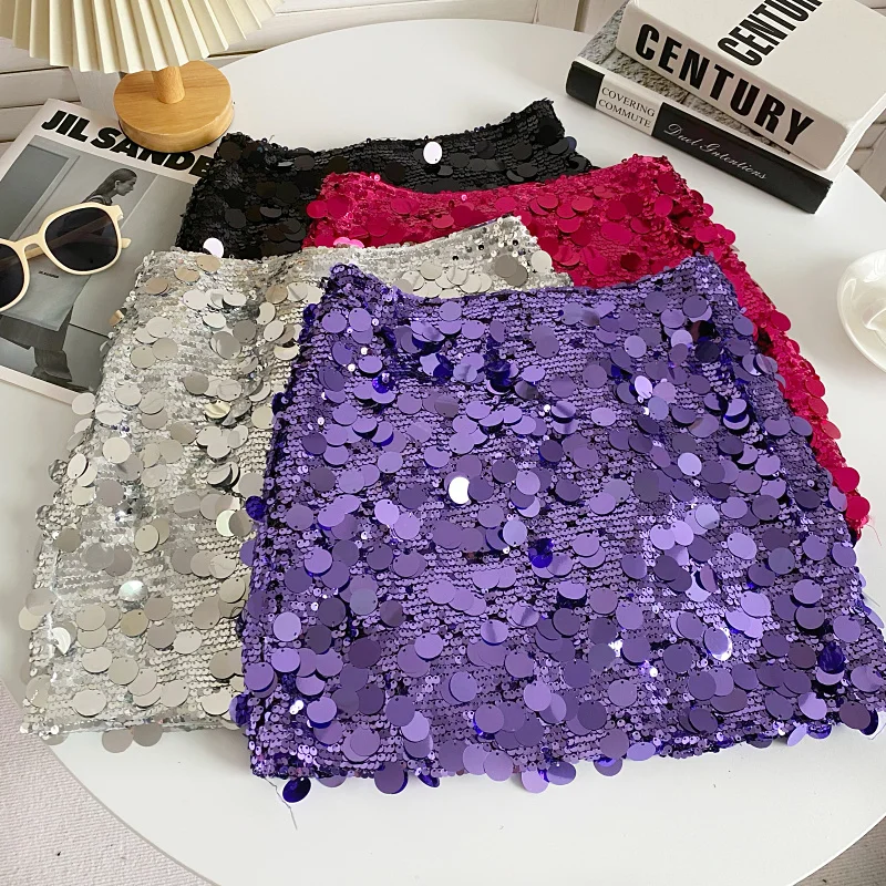 Top Trends: Luxury Champagne Sequin Mini Skirts For Women Fashion Sexy Shiny High Waist Aline Skirt Purple Glitter Evening Party Club Female Shoppable Styles