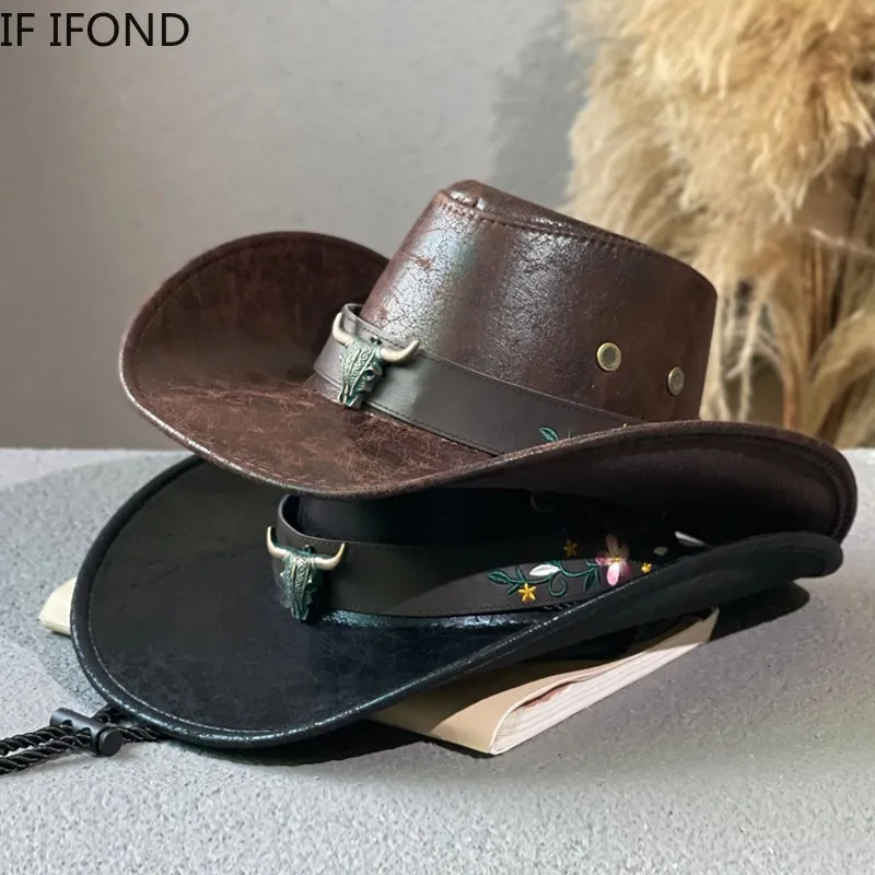 Top Trends: Fashion Cow Head Decorate Western Cowboy Hat Faux Leather Vintage Gentleman Jazz Hats For Men Panama Cowgirl Hat Shoppable Styles