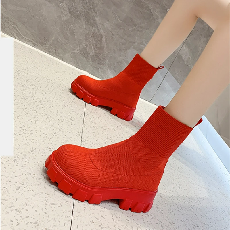 Top Trends: Big Red Boots Women Spring Autumn Fashion Designer Knitted Short Chelsea Boots Female Casual Thick Soled Shoes Botines De Mujer Shoppable Styles