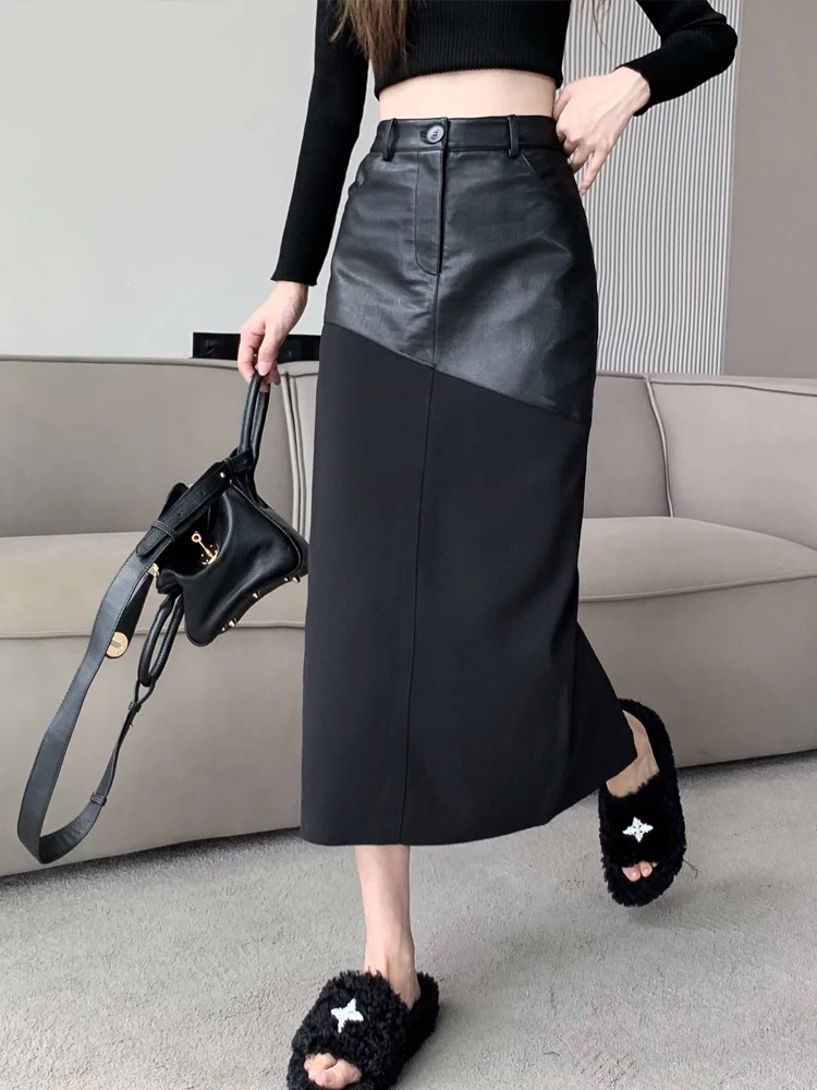 Top Trends: Senior Bust Skirt Autumn Winter Fashion PU Leather Splicing High Waist Loose Long Skirt Midi Leather Skirt Women High Street Y2k Shoppable Styles