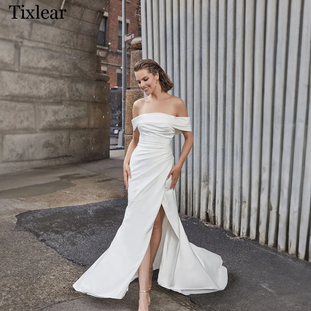 Top Trends: TIXLEAR Wedding Dresses For Woman Boat Neck Off The Shoulder Open Back High Split Mermaid Brush Train Stunning Vestidos De Novia Shoppable Styles