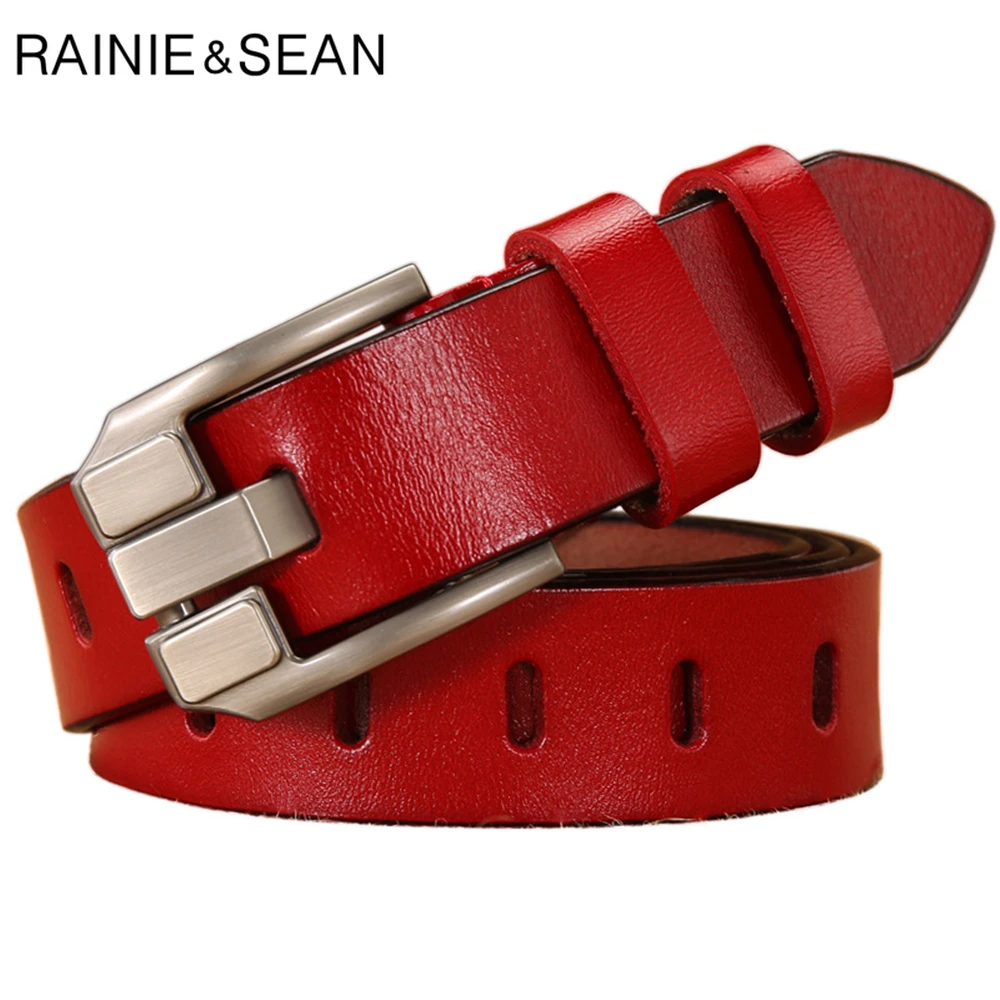 Top Trends: RAINIE SEAN Red Women Belt Pin Buckle Real Leather Belts For Jeans Genuine Leather Cowskin High Quality Solid Ladies Belt 110cm Shoppable Styles