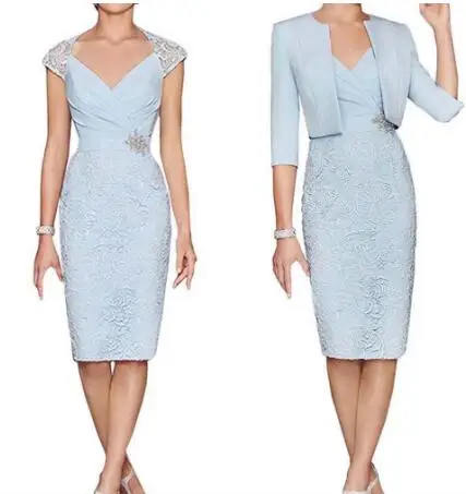 Top Trends: Sky Blue Sheath Lace Appliques Mother Of The Bride Dresses 1 / 2 Sleeves With Jacket V-Neck Knee-Length Wedding Party Formal Gowns Shoppable Styles