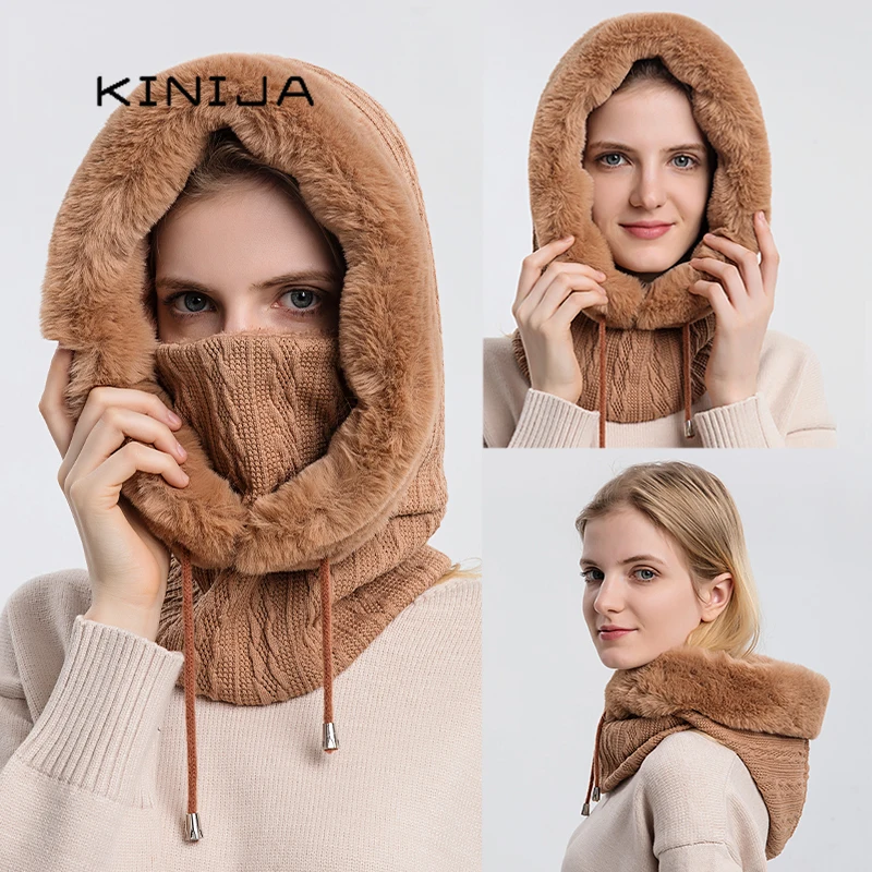 Top Trends: Winter Fur Cap Mask Set Hooded For Women Knitted Cashmere Neck Warm Balaclava Ski Windproof Hat Thick Plush Fluffy Beanies Hood Shoppable Styles