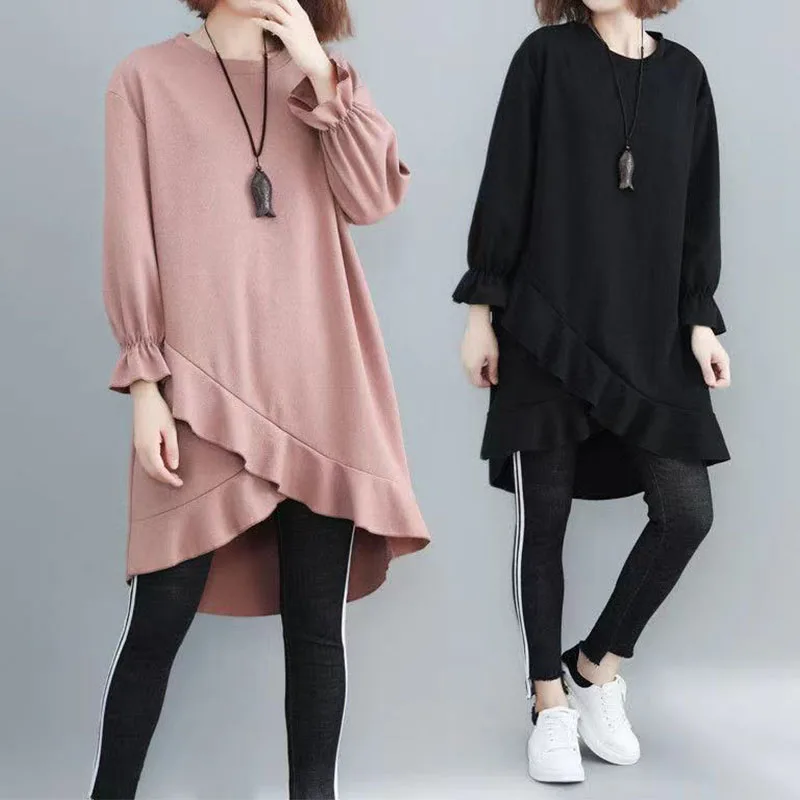 Top Trends: 2022 Spring Autumn Solid Color Round Neck Pullover Women Irregular Ruffles Design Loose Medium Long Term Casual Korean Dress Shoppable Styles