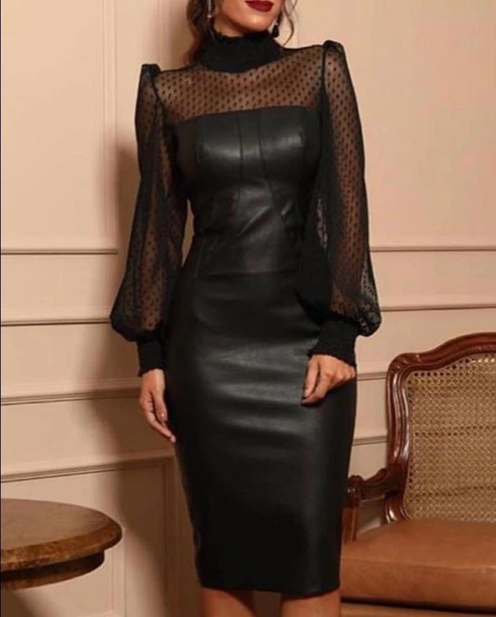 Top Trends: Elegant And Pretty Women's Dresses 2023 Autumn New Fashion Sexy Faux Leather Dot Mesh Puff Lantern Sleeve Party Female Dress Shoppable Styles