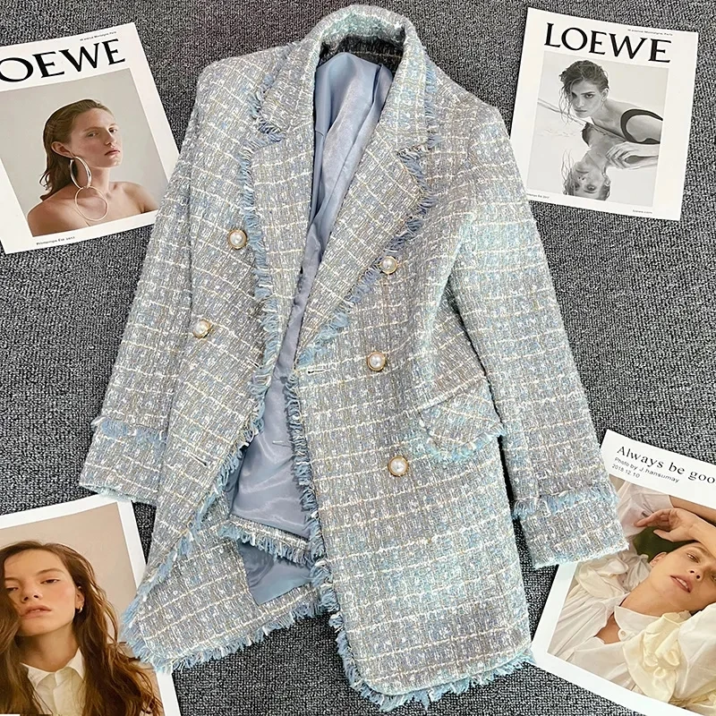 Top Trends: Blue Tweel Plus Size Tweed Blazer Women Elegant Double Breasted Pearl Button Suit Jacket Korean Spring Autumn Vintage Outwear Shoppable Styles