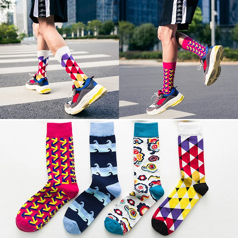 Top Trends: Best Selling British Style Geometric Contrast Color Trend Men's Socks Street Cotton Mid-tube Socks Plus Size Men's Socks Shoppable Styles