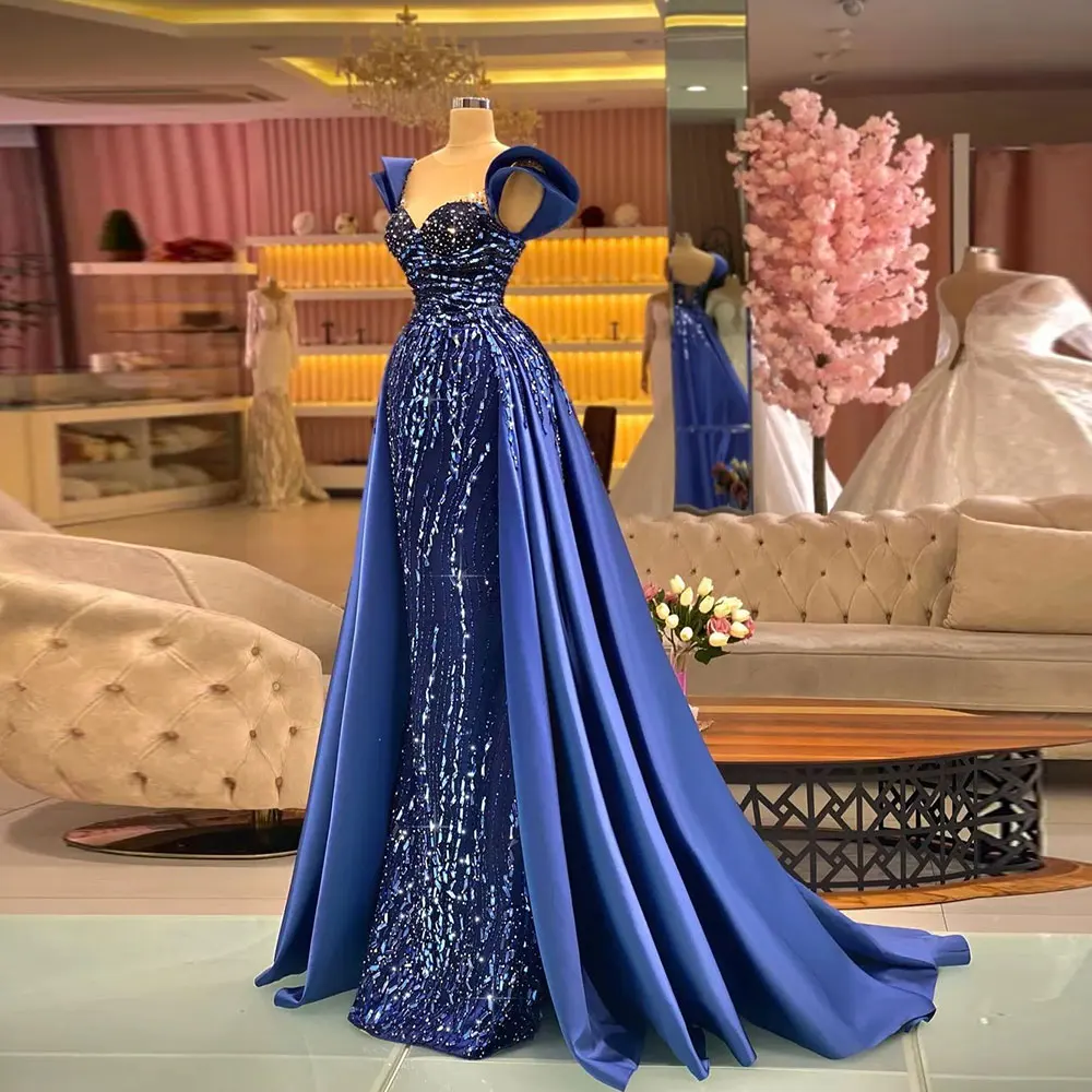 Top Trends: Luxury Blue Prom Dresses Detachable Train Mermaid Pleated Formal Evening Gowns Elegant Women's Sweetheart Sleeveless Gala Dress Shoppable Styles