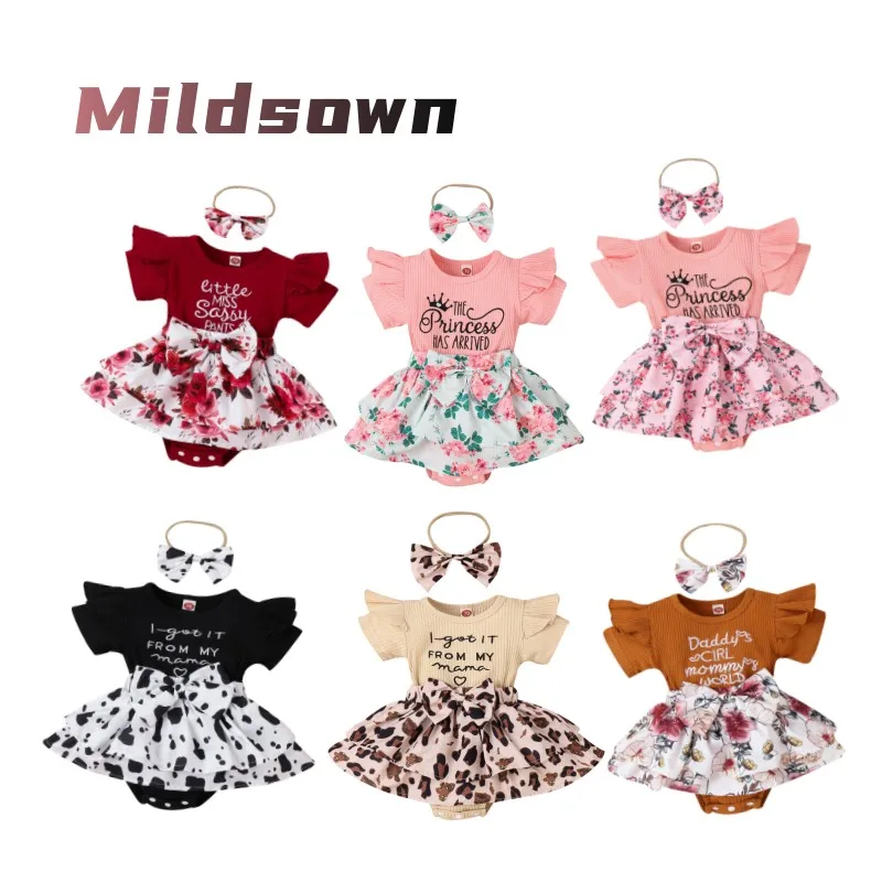 Top Trends: Infant Baby Girls Summer Fake 2pcs Romper Dress Short Sleeve Ruffle Decor Crew Neck Bow Front Patchwork Bodysuit Headband Outfit Shoppable Styles