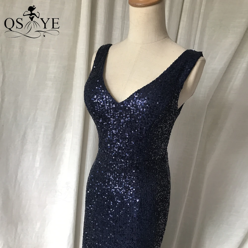 Top Trends: Sequin Navy Evening Dresses V Neck Long Mermaid Prom Gown Sleeveless Tulle Hem Party Dress Glitter Lace Sequin Women Dress Chic Shoppable Styles - Image 6