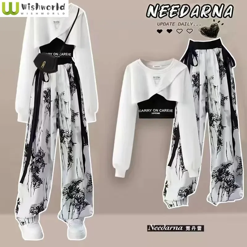 Top Trends: Spring And Autumn Set Women's Korean Design Long Sleeved Top+ Tank Top+ Ink Wide Legged Pants Three Piece Set Trendy Shoppable Styles