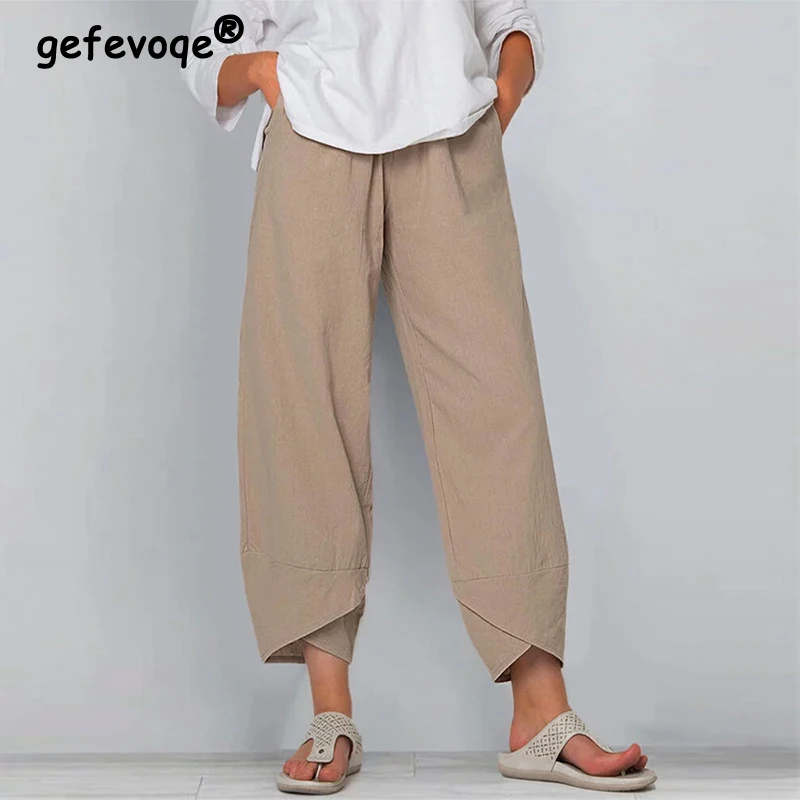 Top Trends: Summer Autumn Oversized Vintage Casual Fashion Straight Ninth Pants Women Elastic Waist Loose Pocket Wide Leg Trousers Female Shoppable Styles