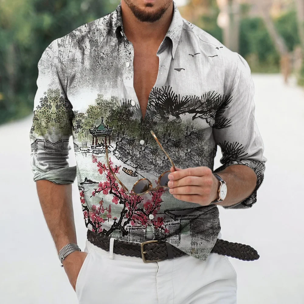 Top Trends: Autumn Men's Hawaiian Shirts 3D Printed Casual Long Sleeve Shirt Chinese Style Tops Tee Shirt Man Harajuku Scenery Blouse Camisa Shoppable Styles