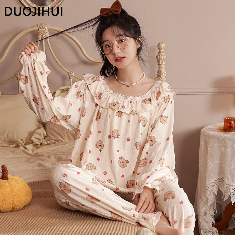 Top Trends: DUOJIHUI Sweet Chic Print Casual Home Women&#039;s Pajamas Set Autumn New Simple Long Sleeve Top Loose Pant Fashion Female Sleepwear Shoppable Styles