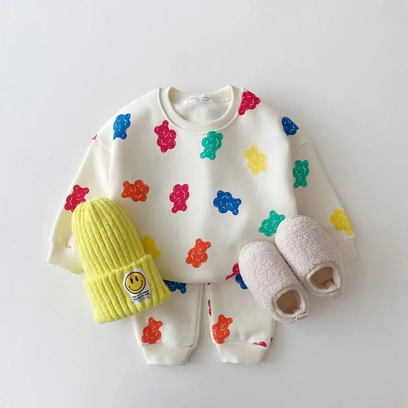 Top Trends: 2023 Autumn New Baby Clothes Set Cute Colorful Bear Print Sweatshirt Set For Boys Girl Casual Pants Outfits Children 2pcs Suit Shoppable Styles