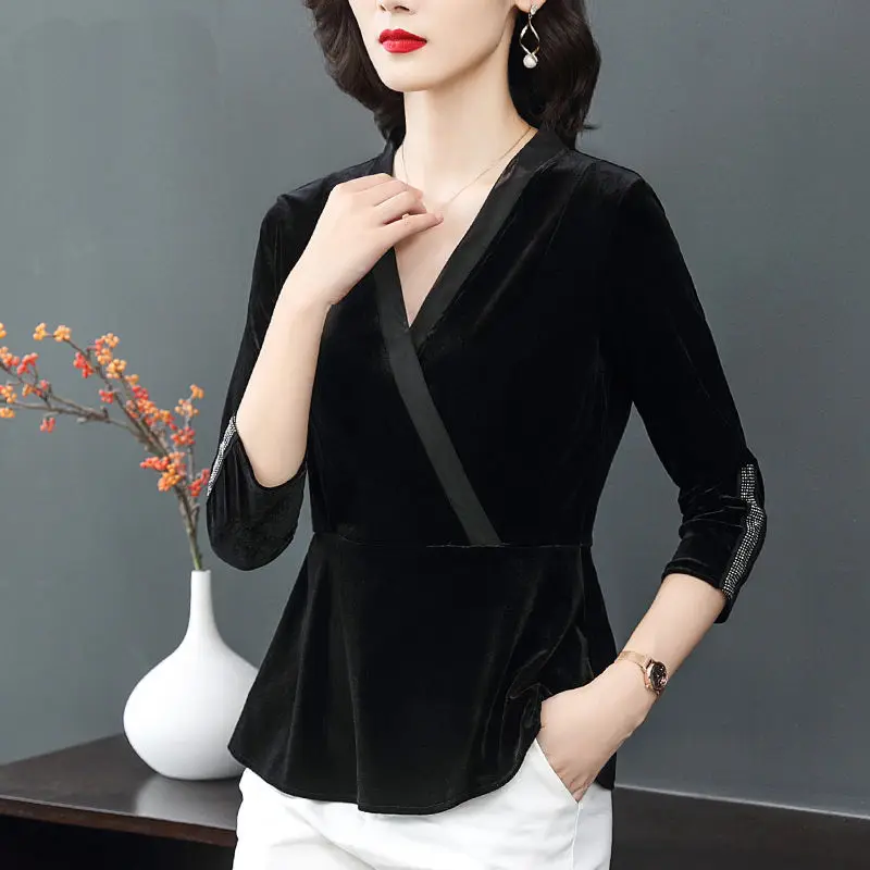 Top Trends: Elegant V-Neck Solid Color Gauze Diamonds Blouses Women&#039;s Clothing 2023 Autumn Winter Loose Korean Tops Office Lady Shirts Shoppable Styles