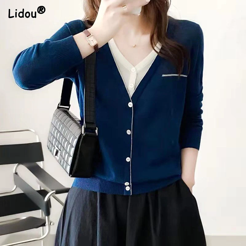 Top Trends: 2023 Spring And Autumn Leisure Simple And Fashionable Sports V-neck Spliced Contrast Fake Two Piece Knitted Cardigan For Women Shoppable Styles