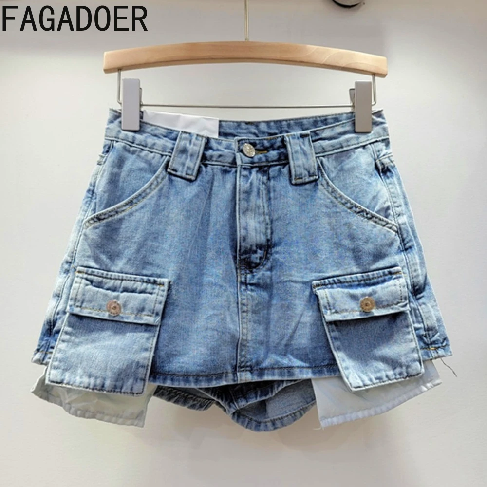 Top Trends: FAGADOER Pockets Denim Skirt Women Y2k Streetwear Casual High Waisted Stretchy Skirts Shorts Jeans Summer Female Fashion New Shoppable Styles