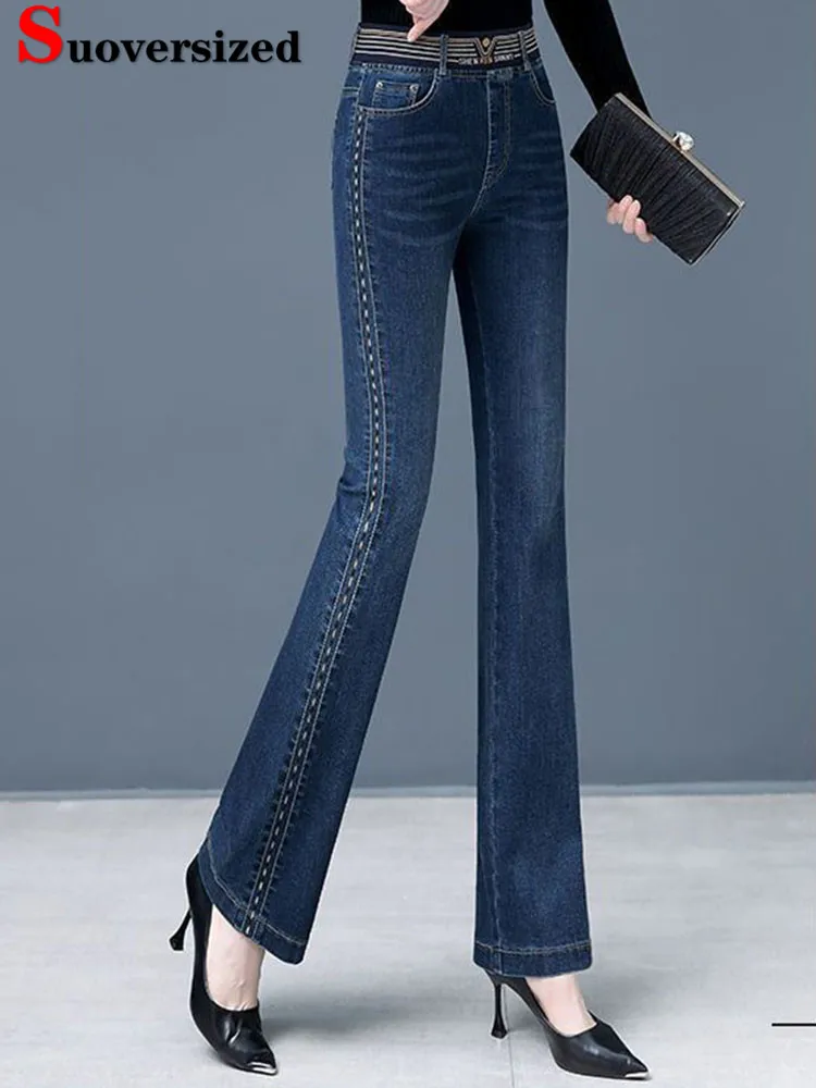 Top Trends: Side Stripe Hight Waist Skinny Flare Jeans Woman Korean Stretch Denim Pants Big Size 4xl Streetwear Ankle Length Kot Pantolon Shoppable Styles