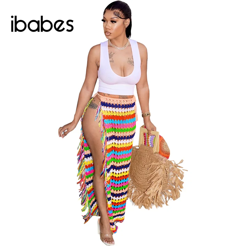 Top Trends: Knitted Hand Crochet Tassel Maxi Skirt Women Fashion Sexy Side High Split Colorful Summer Long Beach Cover Ups Casual Petticoats Shoppable Styles