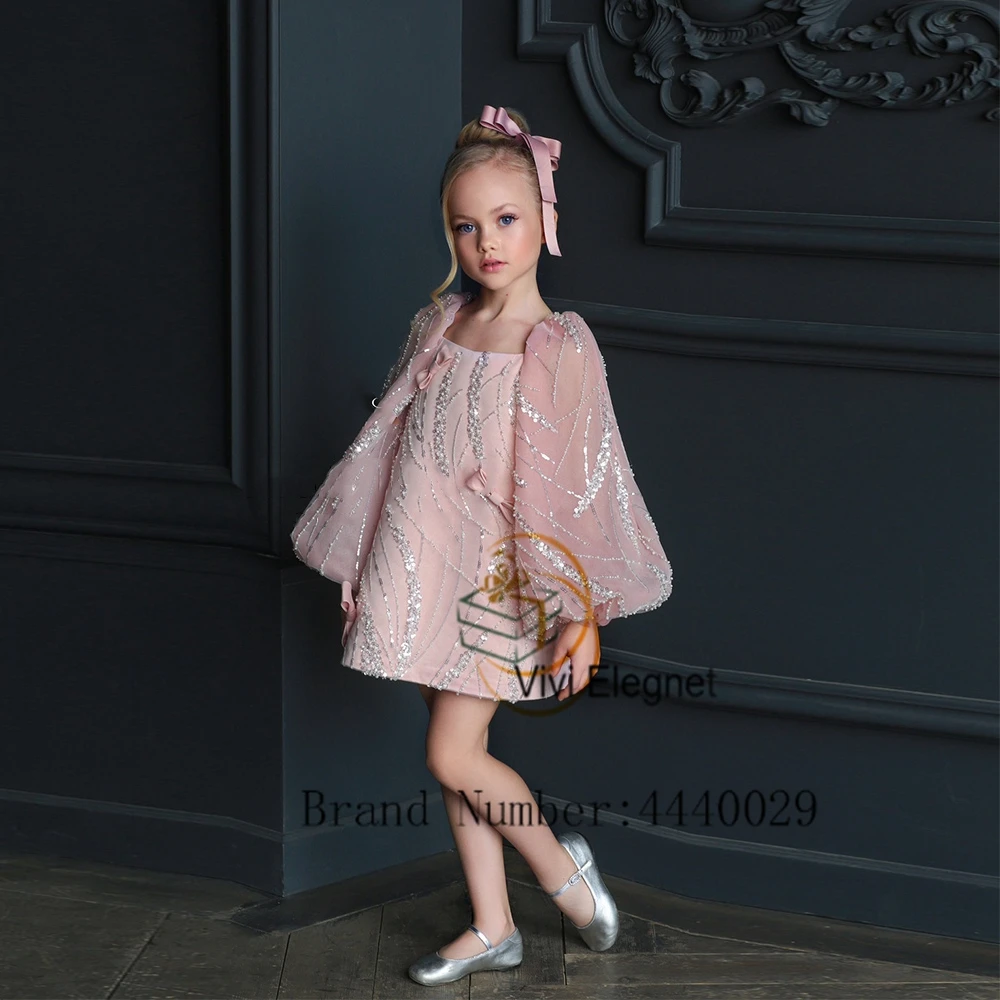 Top Trends: Pink Scoop Flower Girl Dresses With Sequined 2023 Summer New Full Sleeve Above Knee Length Wedding Party Gowns For Birthday فسات Shoppable Styles