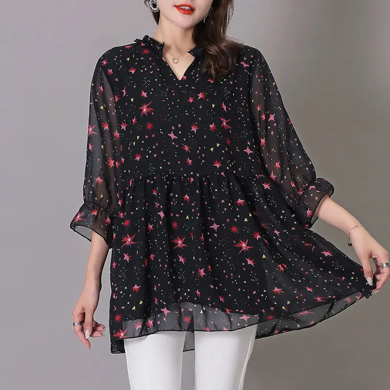 Top Trends: Casual Loose Printed Midi Shirt Summer Female Clothing Elegant V-Neck Commute Half Sleeve All-match Korean Patchwork Blouse 2023 Shoppable Styles