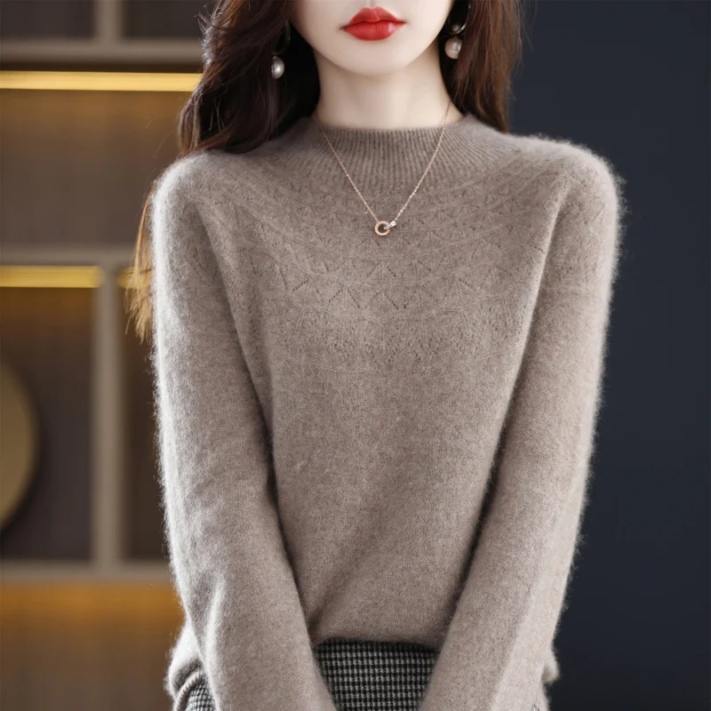 Top Trends: 100% Cashmere Sweater Women&#039;s Half-Turtleneck Slim Seamless Wool Knitted Bottoming Shirt Hollow Loose In Autumn And Winter Shoppable Styles