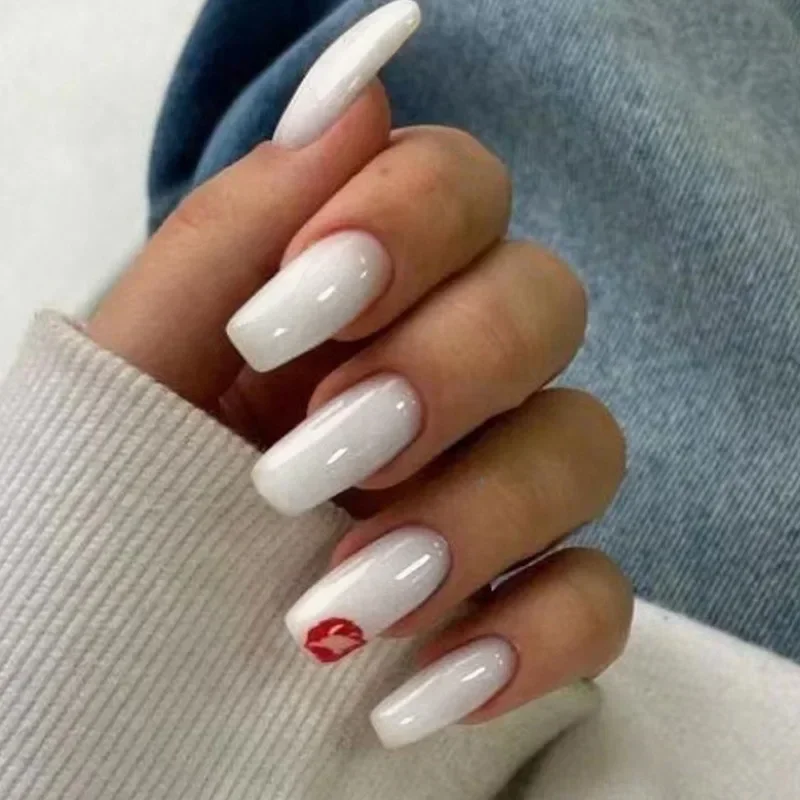 Top Trends: Hot Sexy Girl Simple Glossy Pure White Red Lip Long Coffin Fake Nail Tips Full Finished False Nail Press On Glue Manicure Woman Shoppable Styles