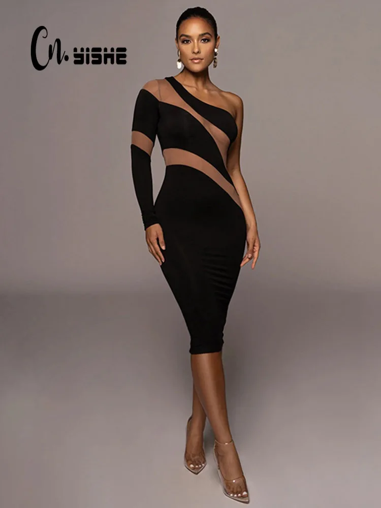 Top Trends: CNYISHE One Shoulder Mesh Sheer Midi Dress For Women Party Club Elegant Dresses Autumn Fashion Streetwear Sexy Slim Dress Robes Shoppable Styles