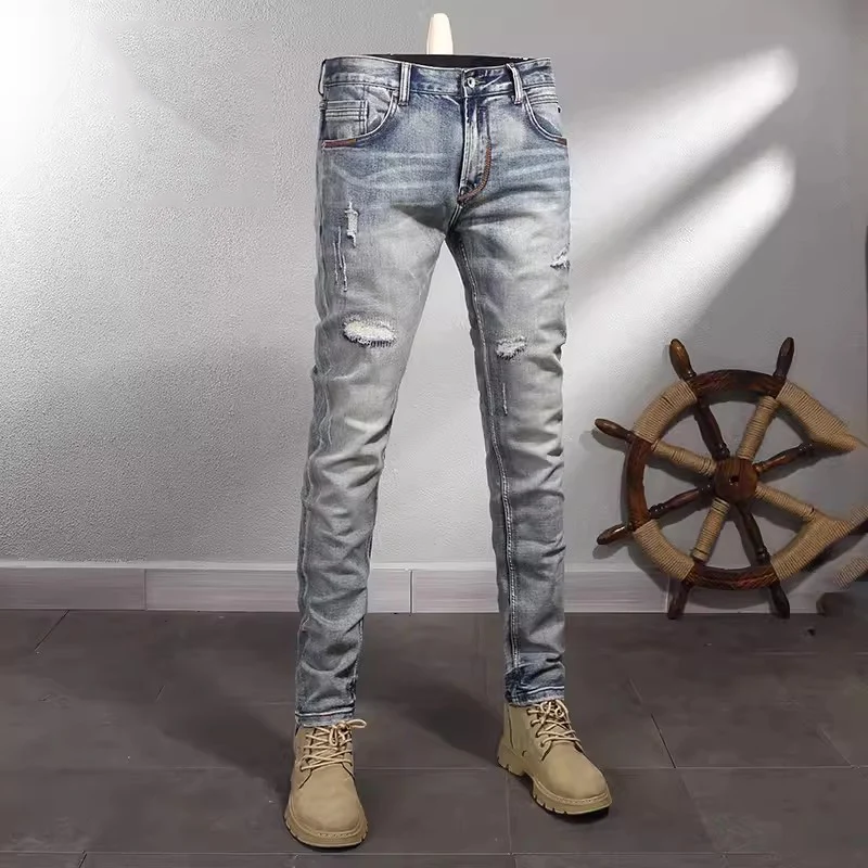 Top Trends: Vintage Fashion Men Jeans High Quality Retro Washed Blue Stretch Slim Fit Ripped Jeans Men Casual Designer Denim Pants Hombre Shoppable Styles