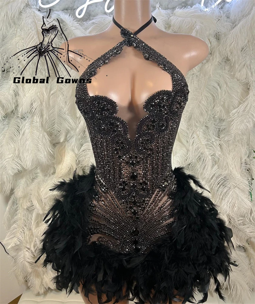 Top Trends: Black Feathers Halter Short Prom Dresses Girls Crystal Beading Birthday Party Dress Luxury 2023 Mini Cocktail Gowns Shoppable Styles