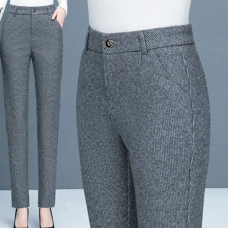 Top Trends: Office Lady Wool Thicken Fashion Pencil Pants Korean Autumn Winter Button High Waist Slim Solid Women Casual Straight Trousers Shoppable Styles