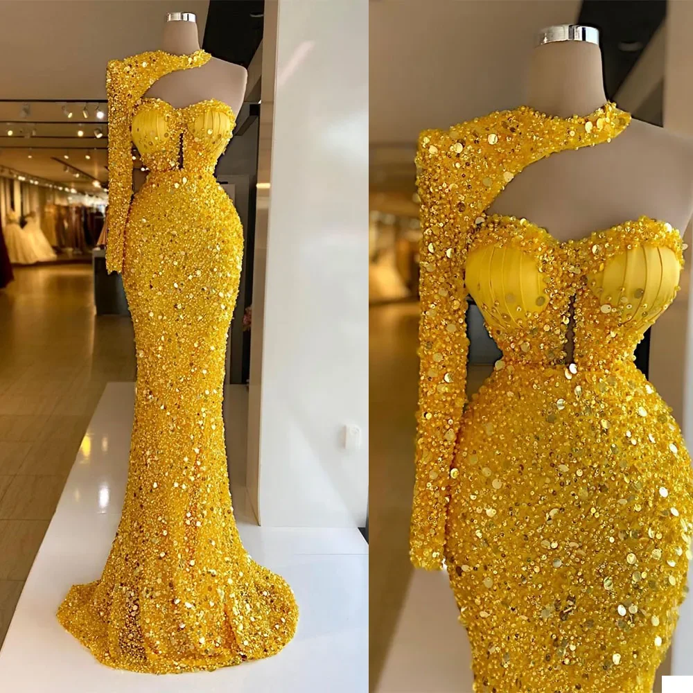 Top Trends: Luxury Evening Dresses Bright Yellow Sequins Beads Halter Long Sleeves Prom Dress Formal Party Gowns Sweep Train Robe De Mariée Shoppable Styles