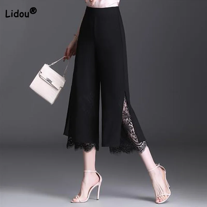 Top Trends: Commute For Women 2022 Summer Chiffon Lace Splicing Seven Points Pants Simplicity Ethereal High Waist Black Wide Leg Trousers Shoppable Styles