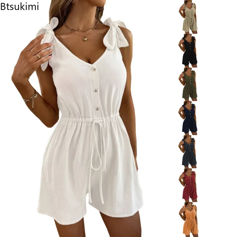 Top Trends: 2024 Summer Sexy Chic Jumpsuits Women V Neck Sleeveless Lady Short Playsuits Loose Casual Solid Beach Rompers Female Clothing Shoppable Styles