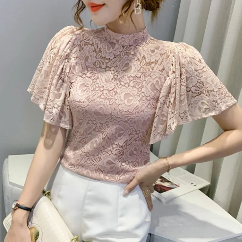 Top Trends: #7237 Black White Pink Lace T Shirt Women Stand Collar Perspective Women's T-shirt Flare Sleeve Women's Tee Shirt Sexy Summer Shoppable Styles - Image 5