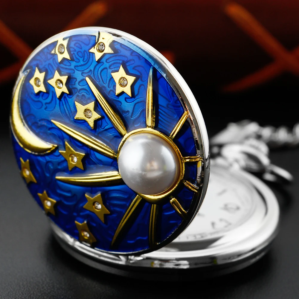 Top Trends: New Star / sun / moon Features Inlaid Pearl Silver Quartz Pocket Watch Antique Fob Chain Watch Men's And Women's Best Holiday Gift Shoppable Styles