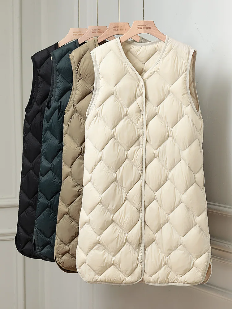 Top Trends: Women Autumn Down Vests 2023 New Ultralight 90% White Duck Down Long Jackets Collarless Puffer Liner Portable Winter Waistcoats Shoppable Styles