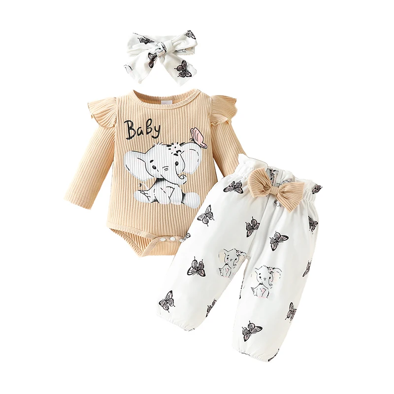 Top Trends: 3PCS Baby Girl Sets Elephant Print Bodysuit Long Sleeve Onesies Top Elastic Waist Trousers Hairband Infant Baby Sets 0-18 Months Shoppable Styles