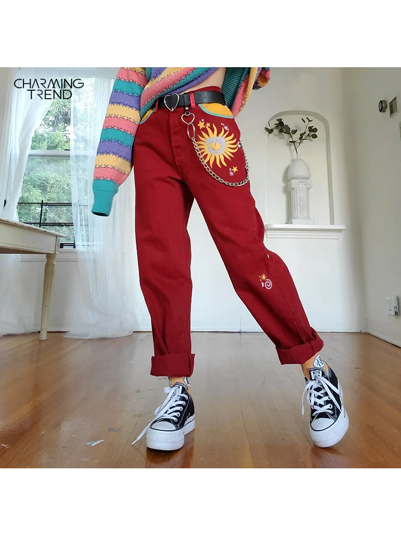 Top Trends: Women's Casual Sun Print Straight Trousers Red Streetwear Long Pants Harem Pants For Women High Waist Ladies Pants Vintage Shoppable Styles