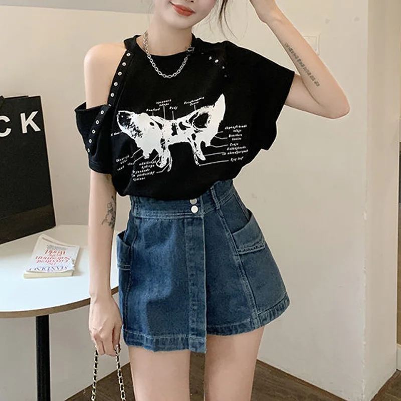 Top Trends: 2023 New Summer Fashion Round Neck Chain Print Off Shoulder Panel Button Pure Desire Spicy Girls Unique Women&#039;s T-shirt Shoppable Styles