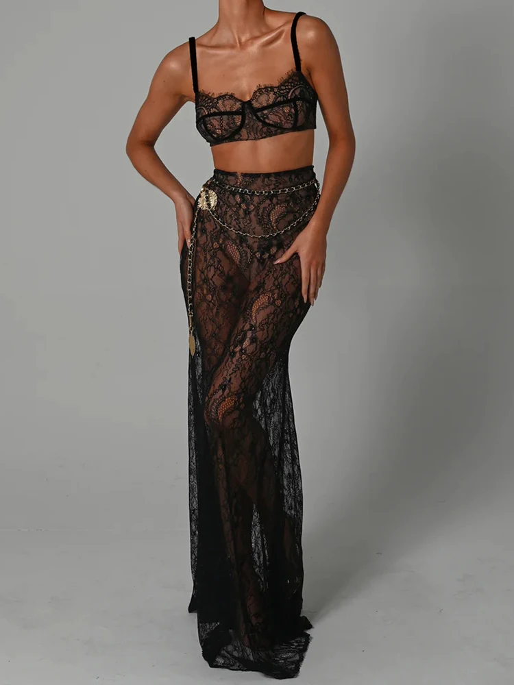 Top Trends: Mozision See Through Lace Two Piece Skirt Sets Women Crop Top And Maxi Skirt Sets Elegant Party Beach Sexy Two Piece Set Shoppable Styles