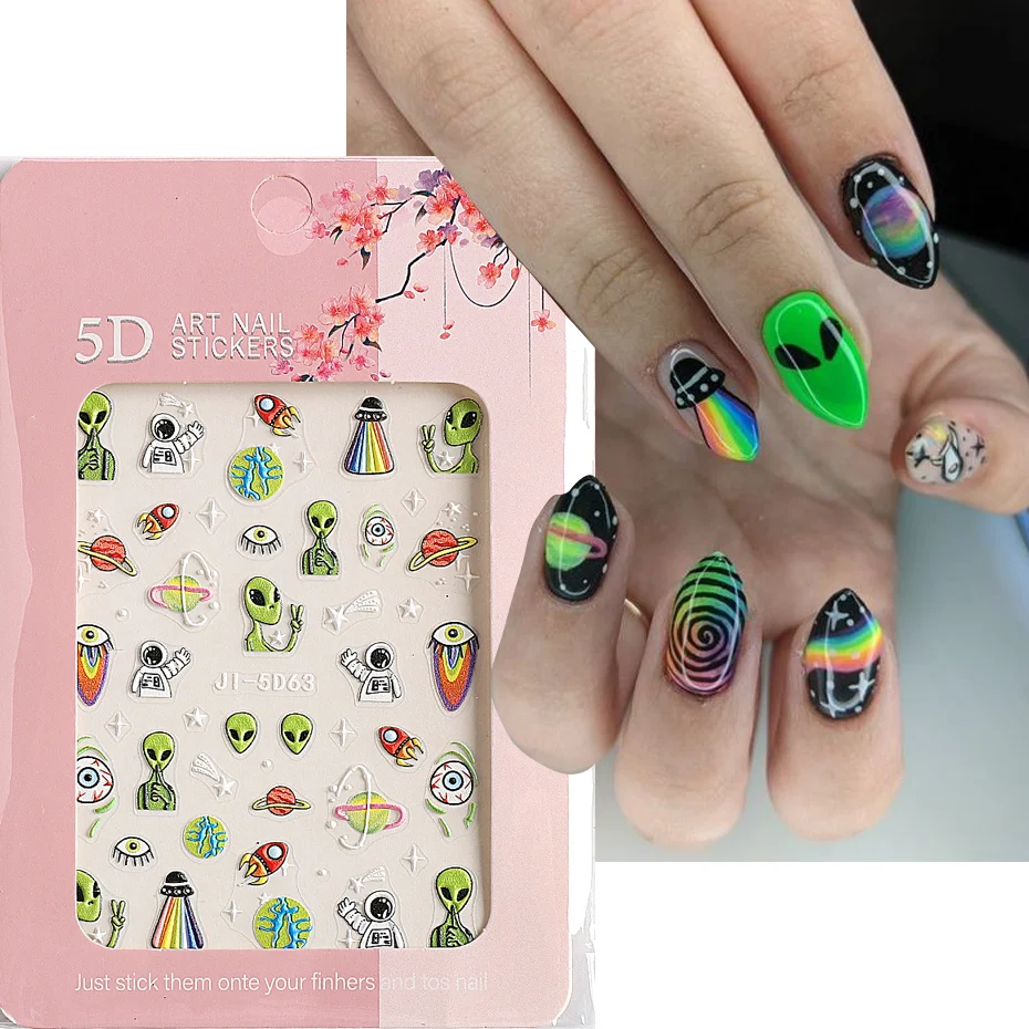 Top Trends: 5D Aliens Astronaut Embossed Nail Stickers Green Alien Eyes Astronaut Design Cute Interstellar Style Nail Art Decor #LEJI-5D63 Shoppable Styles