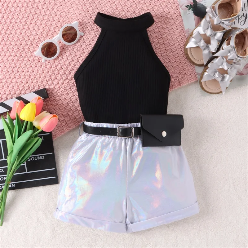 Top Trends: Listenwind 4-7Y Kid Girl Summer Clothes Set Sleeveless Rib Knit Halter Tops Holographic Shorts Belt 3Pcs Outfits Shoppable Styles