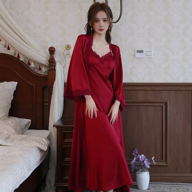 Top Trends: French Court Style Long Pajamas V-neck Lace Nightdress Red Nightwear Retro Lace Nightgown Nighty For Ladies Bridal Dressing Gown Shoppable Styles