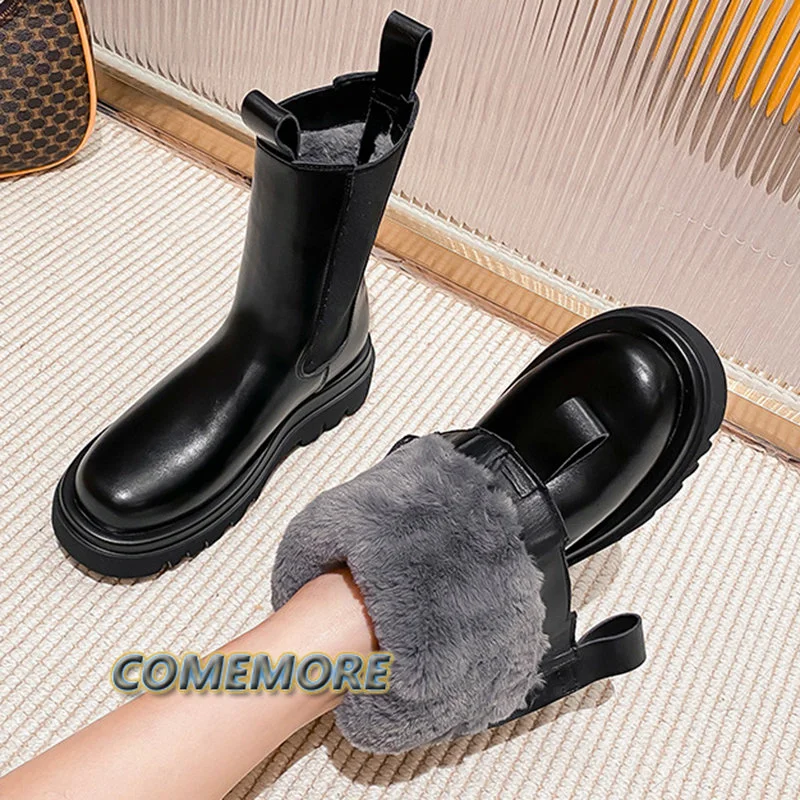 Top Trends: Lady Fur Boots Women&#039;s Winter Shoes Chelsea Boots Black Leather Boots Plush Warm Platform Chunky Footwear Fashion Designer Botas Shoppable Styles