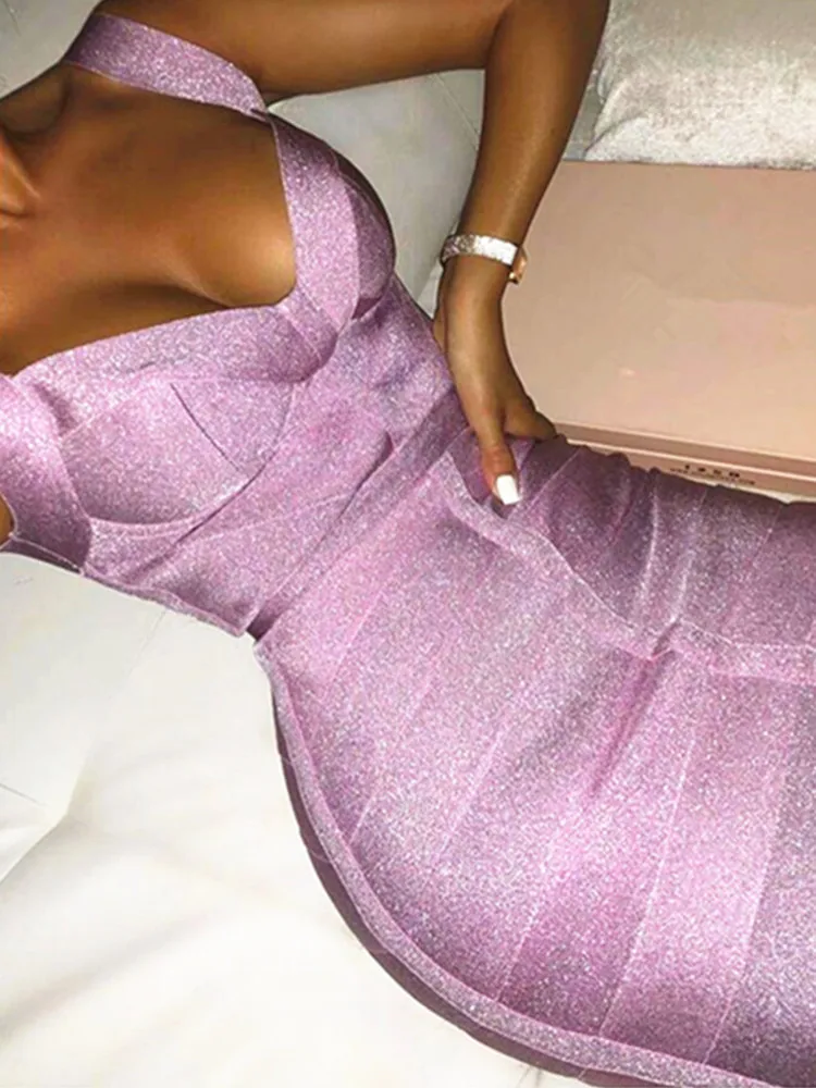 Top Trends: Ladies Sexy V Neck Backless Purple Shining Women Bandage Dress 2022 Designer Fashion Sparkly Party Dress Vestido Shoppable Styles